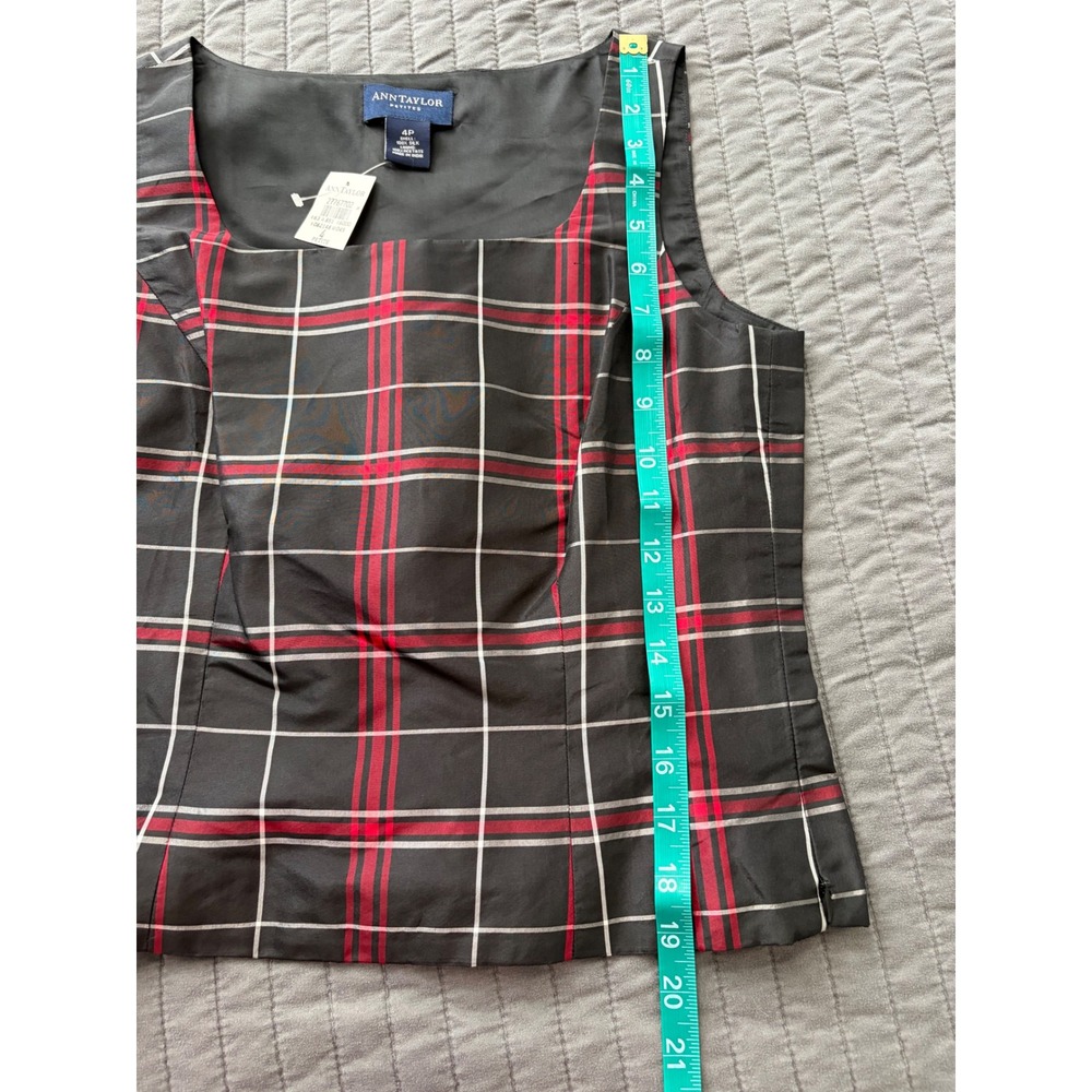 Ann Taylor Petites Silk Plaid Shell Top Red Black Square Neck NWT 4P - Picture 5 of 7